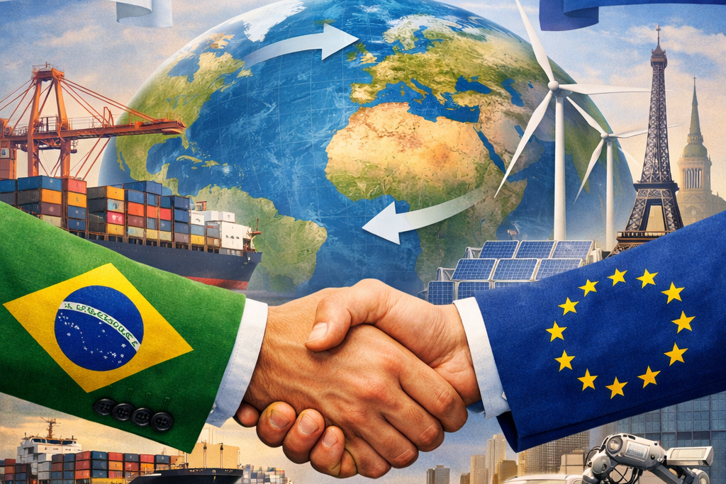 Acordo entre Mercosul e União Europeia pode elevar exportações brasileiras em até US$ 7 bilhões e ampliar acesso a um dos maiores mercados do mundo. (Imagem: Ilustração gerada por IA)