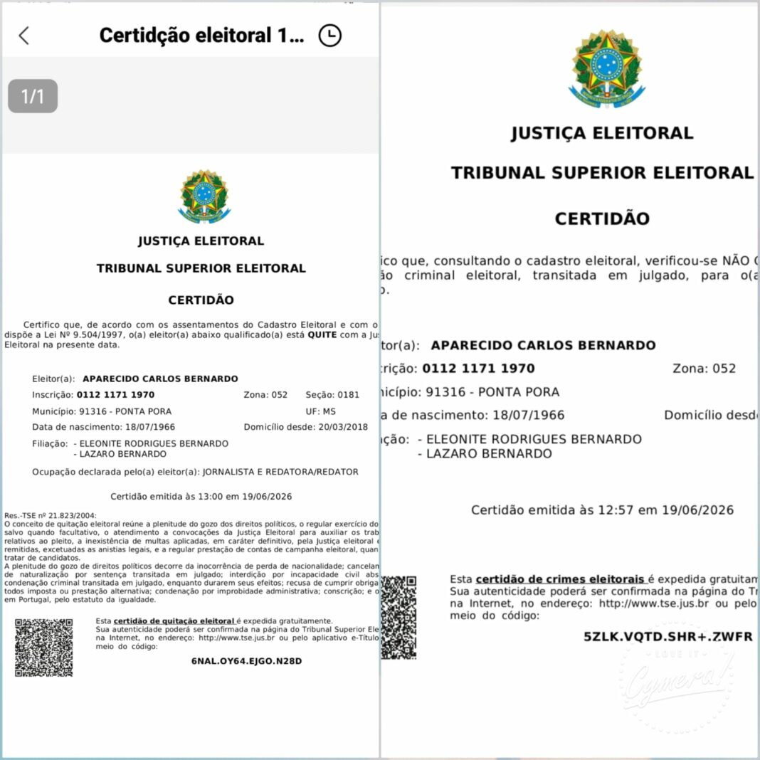 Certidões atestam o ´Nada Consta´ de Carlos Bernardo junto à Justiça Eleitoral