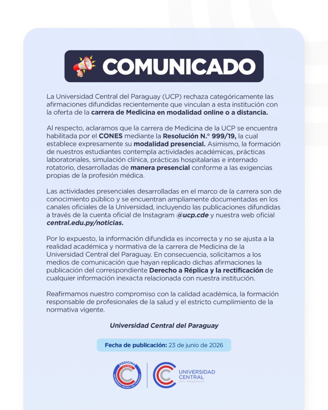 UCP desmente informações falsas e reafirma que curso de Medicina é totalmente presencial