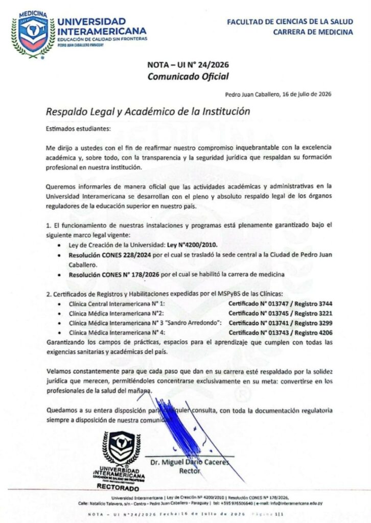Universidad Interamericana reafirma legalidade e qualidade do curso de Medicina em Pedro Juan Caballero Universidad Interamericana reafirma legalidade e qualidade do curso de Medicina em Pedro Juan Caballero