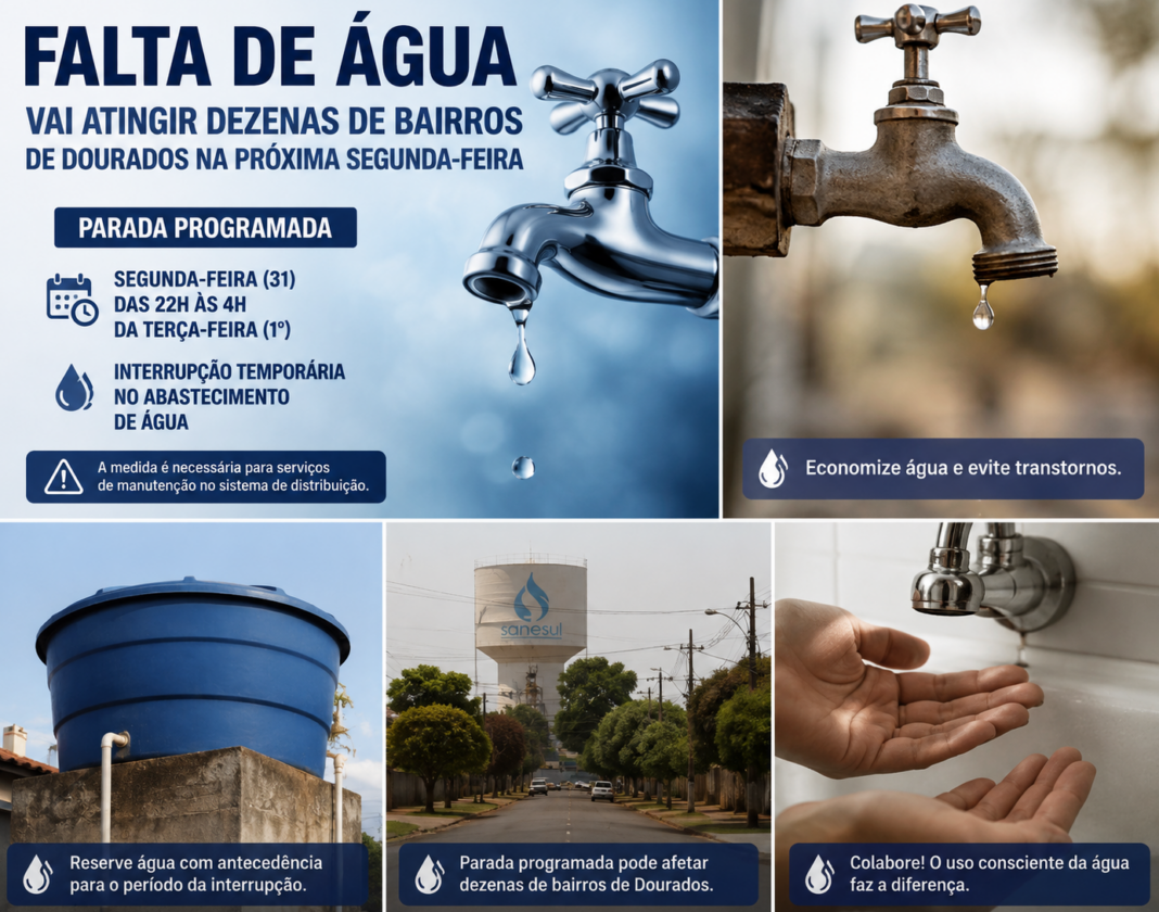 Abastecimento de água será afetado em diferentes regiões de Dourados durante a manutenção programada.