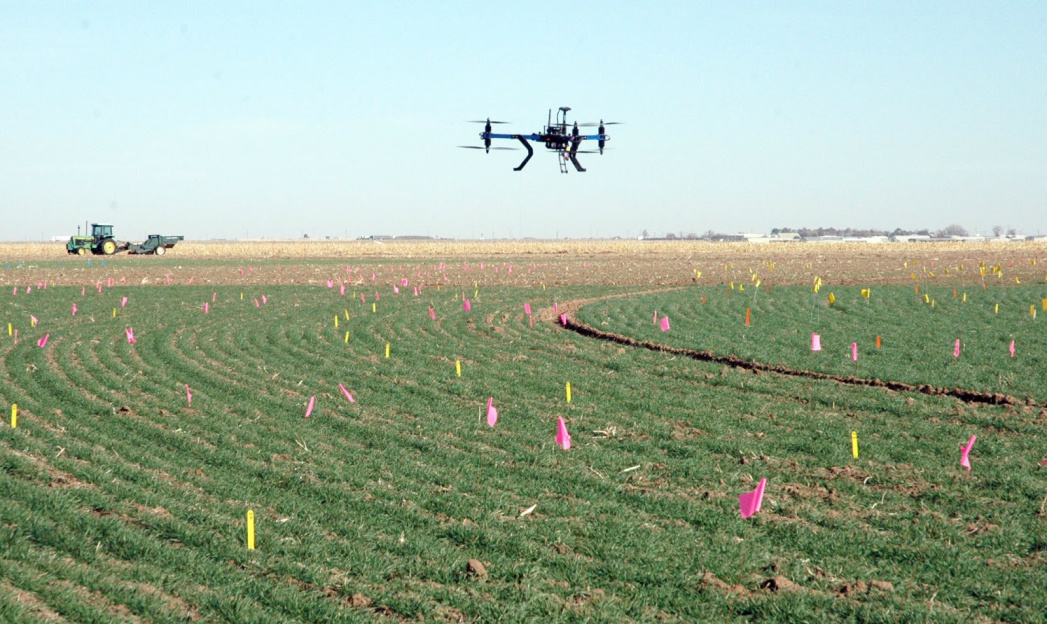 Drone sobrevoando campo agrícola