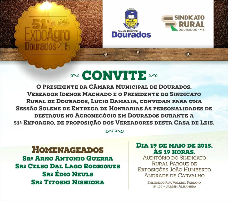 Convite: sessão solene em homenagem aos destaques do agronegócio em Dourados