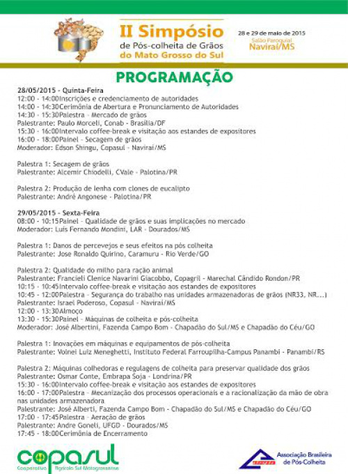 Copasul realiza II Simpósio de Pós-Colheita de Grãos do Mato Grosso do Sul esta semana Copasul realiza II Simpósio de Pós-Colheita de Grãos do Mato Grosso do Sul esta semana