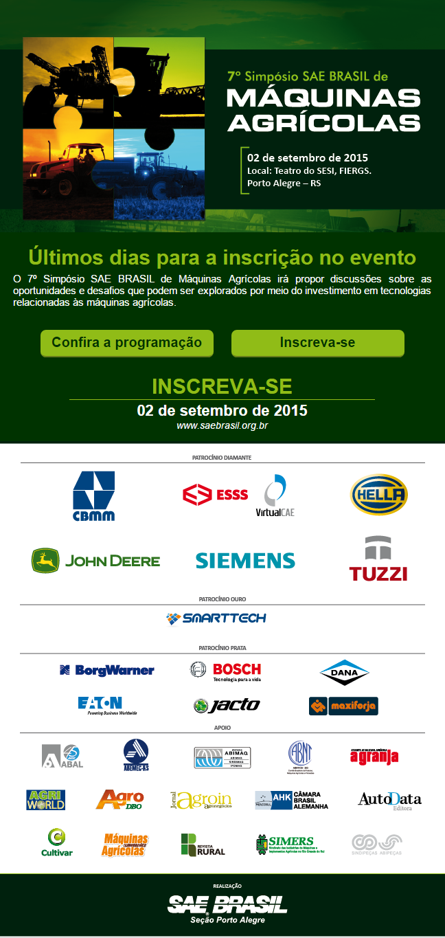 Últimos dias para Inscrições para o 7º Simpósio SAE BRASIL de Máquinas Agrícolas.