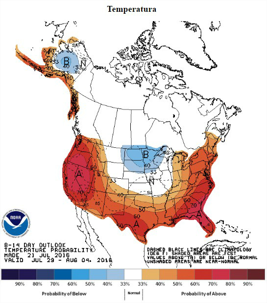 Milho: Em Chicago, foco continua no clima nos EUA e mercado inicia a semana com ligeiras valorizações Temperaturas previstas nos EUA entre os dias 29 de julho a 4 de agosto - Fonte: NOAA