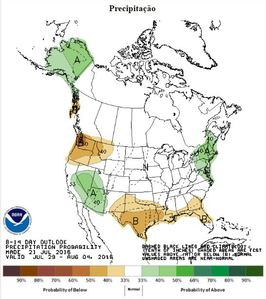 Milho: Em Chicago, foco continua no clima nos EUA e mercado inicia a semana com ligeiras valorizações Chuvas previstas nos EUA entre os dias 29 de julho a 4 de agosto - Fonte: NOAA