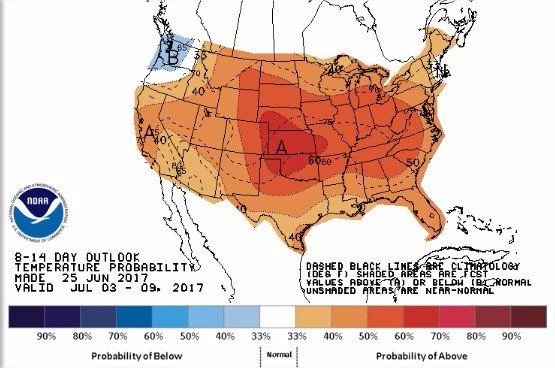 Previsão de temperaturas para os EUA nos próximos 6 a 10 dias - Fonte: NOAA