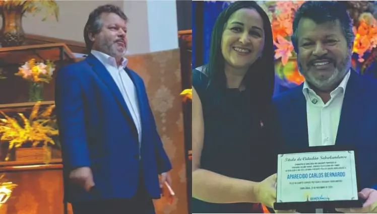 Carlos Bernardo com a vereadora Edilaine Tavares, autora da homenagem.