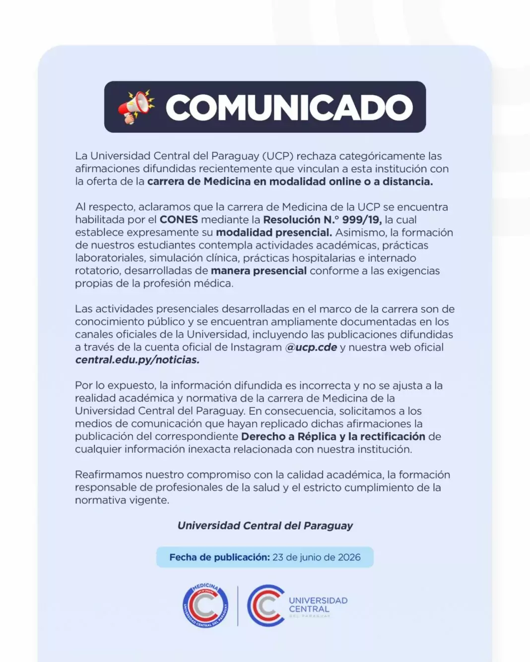 UCP desmente informações falsas e reafirma que curso de Medicina é totalmente presencial