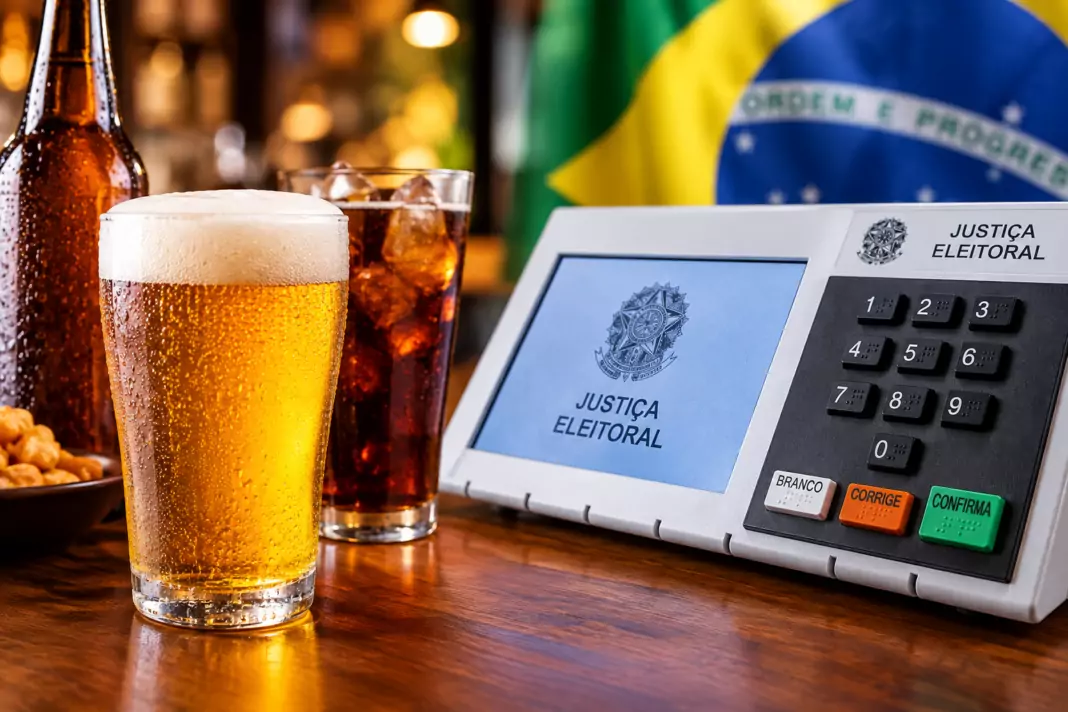 Imagem ilustrativa reúne bebida alcoólica e urna eletrônica para representar a liberação da venda e do consumo de álcool durante o primeiro turno das eleições em Mato Grosso do Sul.